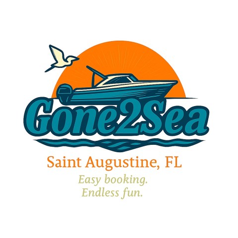 Logo with a boat, seagull, and sun. Text: 'Gone2Sea Saint Augustine, FL. Easy booking. Endless fun.'