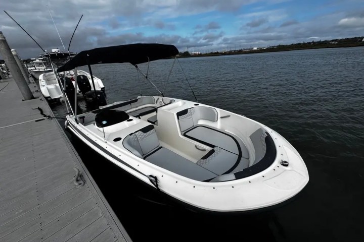 White motorboat with black canopy docked on a cloudy day.