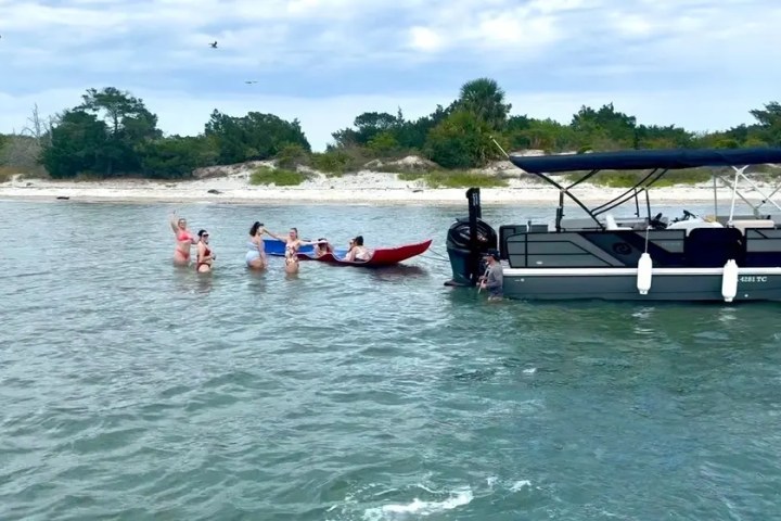 People in water near a boat, sandy beach and trees in background.